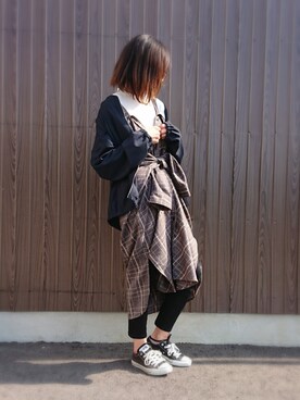 「キャミワンピ」｜「アイテム（シャツワンピース）」を使った、めぐっぺさん（レディース・159cm）の冬コーディネート