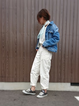 「SEVENDAYS=SUNDAY（セブンデイズサンデイ）のアイテム（デニムジャケット）」を使った、めぐっぺさん（レディース・159cm）の春コーディネート