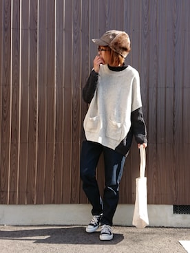 「rectangle（レクタングル）のアイテム（デニムパンツ）」を使った、めぐっぺさん（レディース・159cm）の冬コーディネート