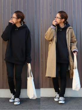 「ベージュ×ブラック」｜「アイテム（ステンカラーコート）」を使った、めぐっぺさん（レディース・159cm）の冬コーディネート