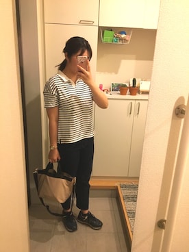 「無印良品（ムジルシリョウヒン）のアイテム（ポロシャツ、ホワイト系）」を使った、 momosanさん（レディース・168cm）の春コーディネート