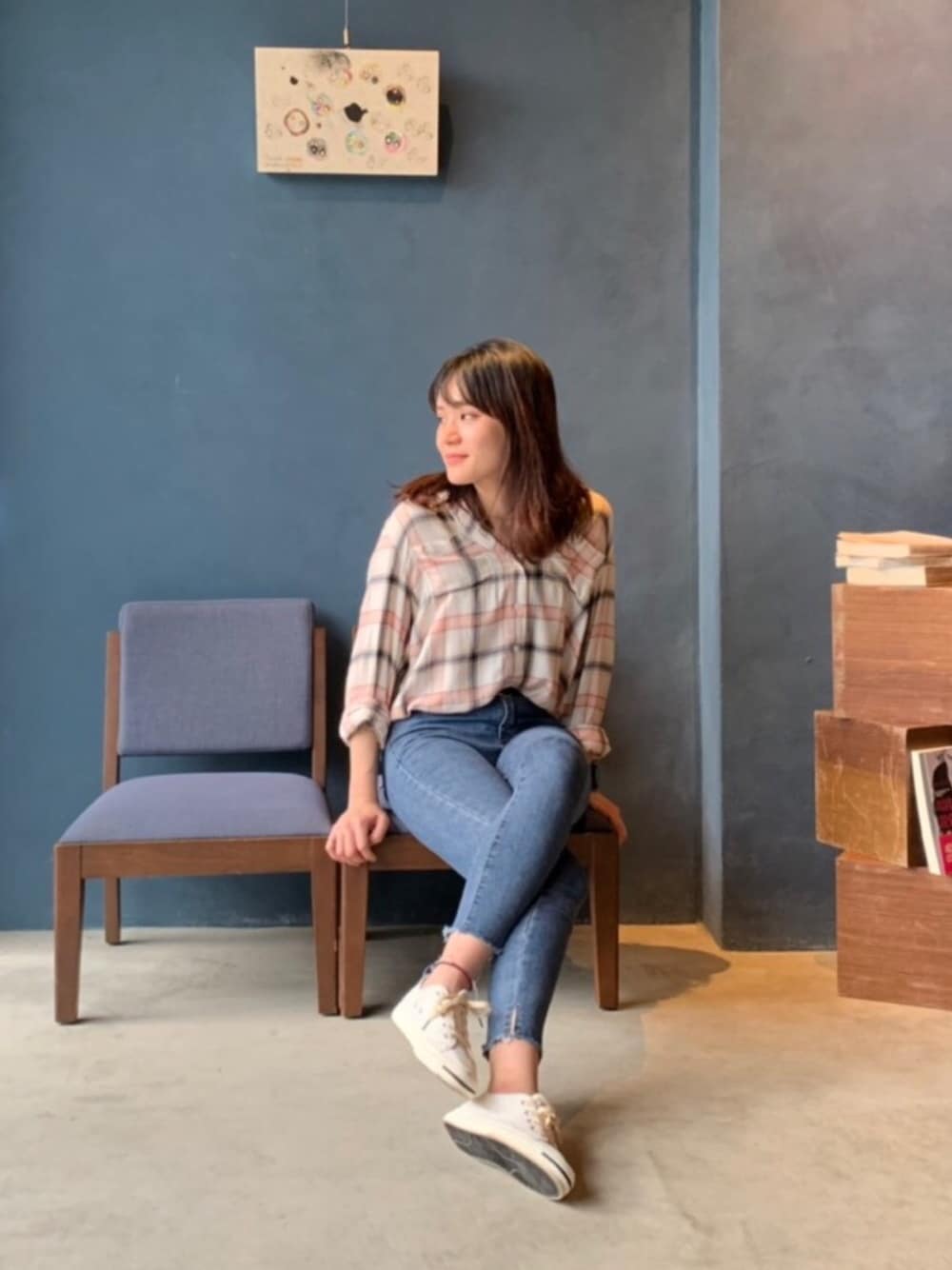 「夏、休閒搭配、ootd、丹寧、街頭穿搭、韩系、outfit、jeans」｜「H&Mのアイテム（シャツ/ブラウス、その他）」を使った、chian1029さん（レディース・165cm）の春コーディネートの1枚目の写真