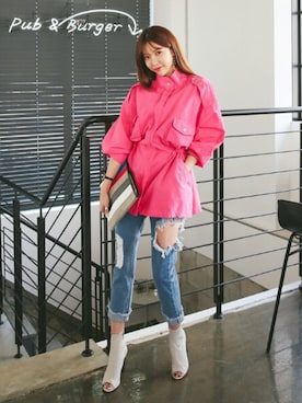 「アイテム（ブルゾン、ピンク系）」を使った、DABAgirlさん（レディース・164cm）の春コーディネート