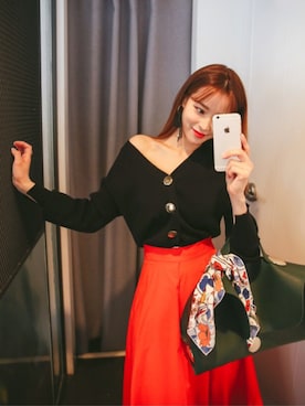 「アイテム（スカート、オレンジ系）」を使った、DABAgirlさん（レディース・164cm）の春コーディネート