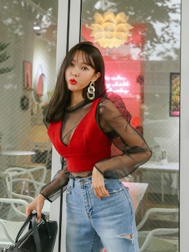 「アイテム（その他トップス、レッド系）」を使った、DABAgirlさん（レディース・164cm）の夏コーディネート