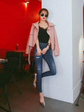 ライダースジャケット ピンク系 を使った 韓国ファッション のレディース人気ファッションコーディネート Wear