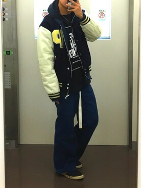 「no brand（ノーブランド）のアイテム（スタジャン）」を使った、ゆーやさん（メンズ・170cm）の秋コーディネート