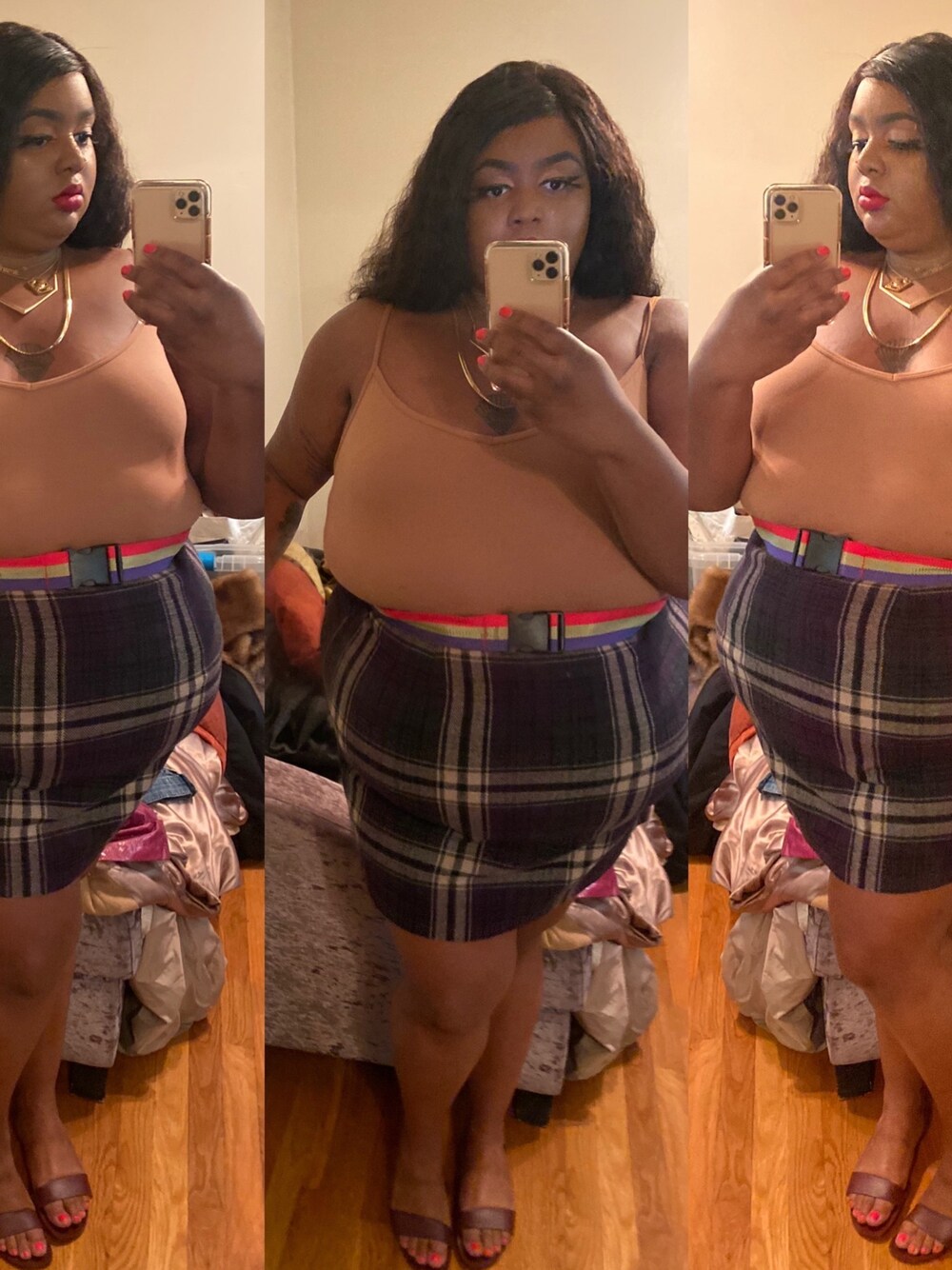 「sandals、summer、VINTAGE、plaid、skirt、ZARA、thrifted、plussize、plussizefashion」｜「OLD NAVYのアイテム（タンクトップ、ブラウン系）」を使った、Imani Alicia Smithさん（レディース・175cm）の夏コーディネートの1枚目の写真