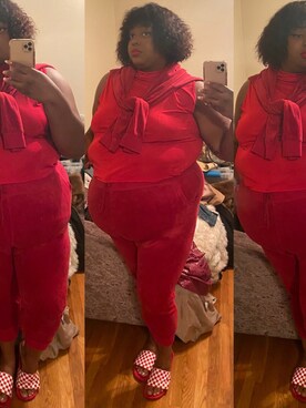 「red」｜「アイテム（オールインワン・サロペット）」を使った、Imani Alicia Smithさん（レディース・175cm）の秋コーディネート