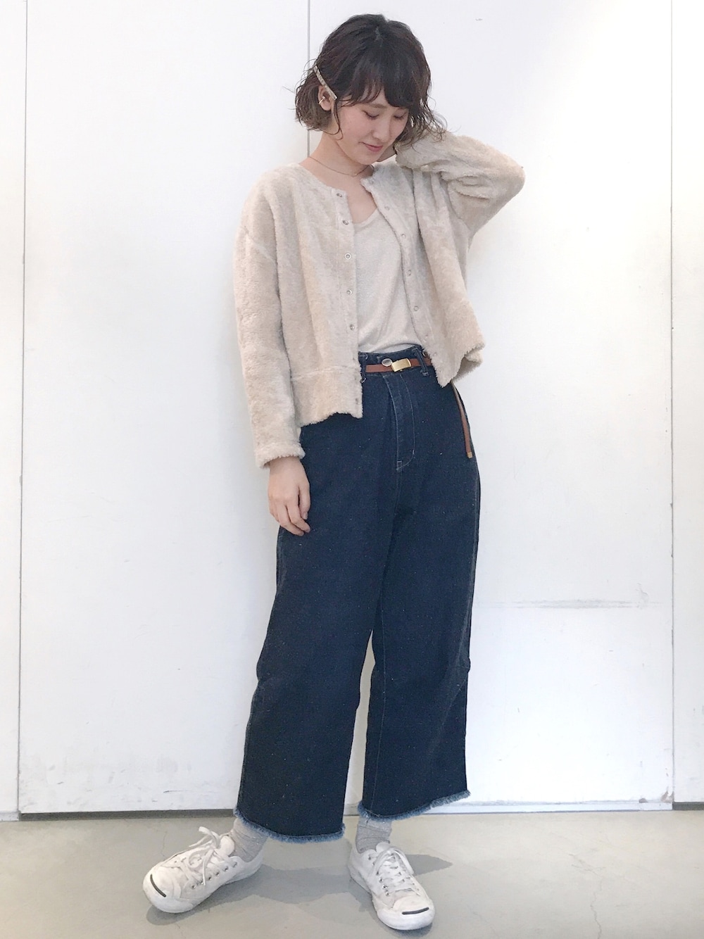 「ノートエシロンス(note et silence)、cardo fabrica、ラメ」｜「caphのトイプー起毛 C/D（カーディガン/ボレロ、ベージュ系）」を使った、よこさん（レディース・164cm）の秋コーディネートの1枚目の写真