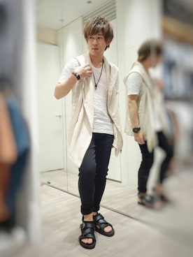 「レザーサンダル」｜「アイテム（ブルゾン）」を使った、KUBOさん（メンズ・168cm）の夏コーディネート