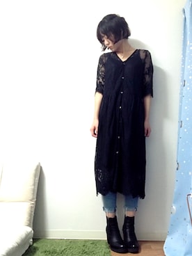 「黒×デニム」｜「アイテム（ワンピース/ドレス）」を使った、ゆらさん（レディース・160cm）の秋コーディネート
