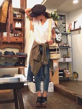 「Ungrid（アングリッド）のフレイドヘムストスリ（デニムパンツ）」を使った、おまゆさん（レディース・156cm）の夏コーディネート