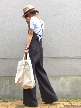 「ペーパーハット」｜「アイテム（オールインワン・サロペット）」を使った、おまゆさん（レディース・156cm）の夏コーディネート