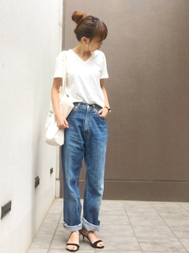 「ALLUMER（アリュメール）のアイテム（Tシャツ/カットソー）」を使った、おまゆさん（レディース・154cm）の夏コーディネート