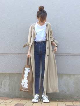 「ノーカラー」｜「アイテム（トレンチコート）」を使った、おまゆさん（レディース・154cm）の春コーディネート