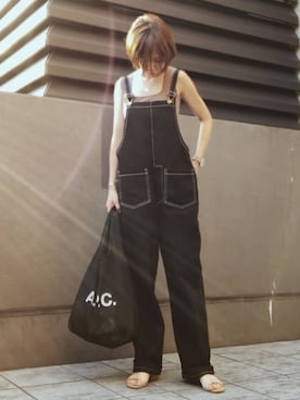 「シアーサンダル」｜「アイテム（オールインワン・サロペット）」を使った、おまゆさん（レディース・154cm）の夏コーディネート
