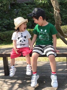 「きょうだい」｜「アイテム（帽子）」を使った、まいさん（キッズ・80cm）の夏コーディネート