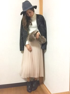 「stradivarius（ストラディバリウス）のアイテム（ライダースジャケット）」を使った、YUKAKO.❥さん（レディース・155cm）の冬コーディネート