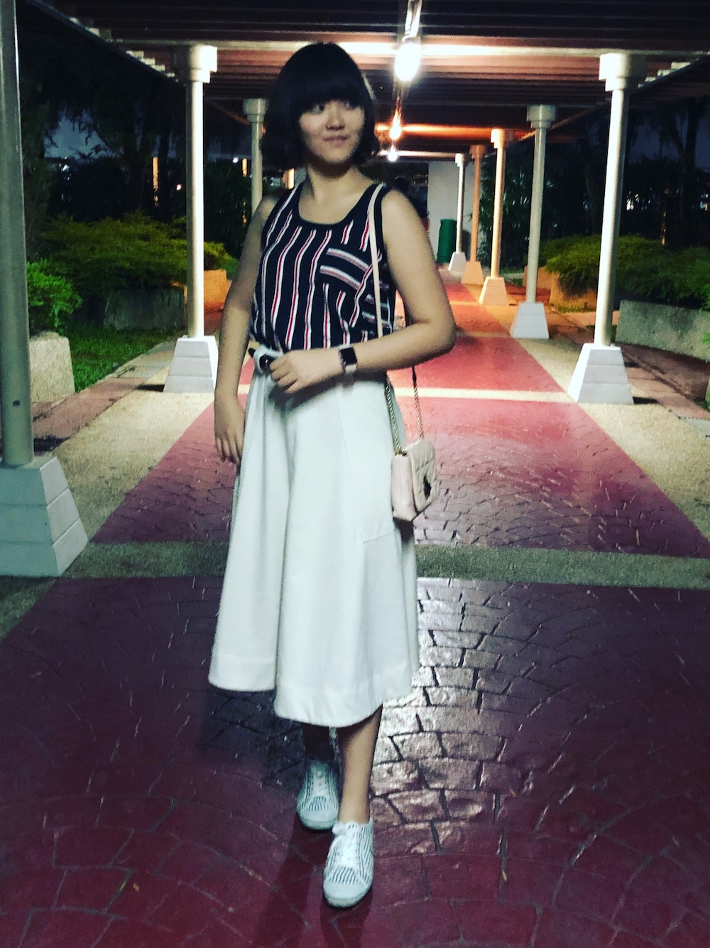 「summer、midiskirt、stripes、streetstyle、fashion」｜「POLO RALPH LAURENのアイテム（タンクトップ、その他）」を使った、nanaさん（レディース・170cm）の夏コーディネートの1枚目の写真