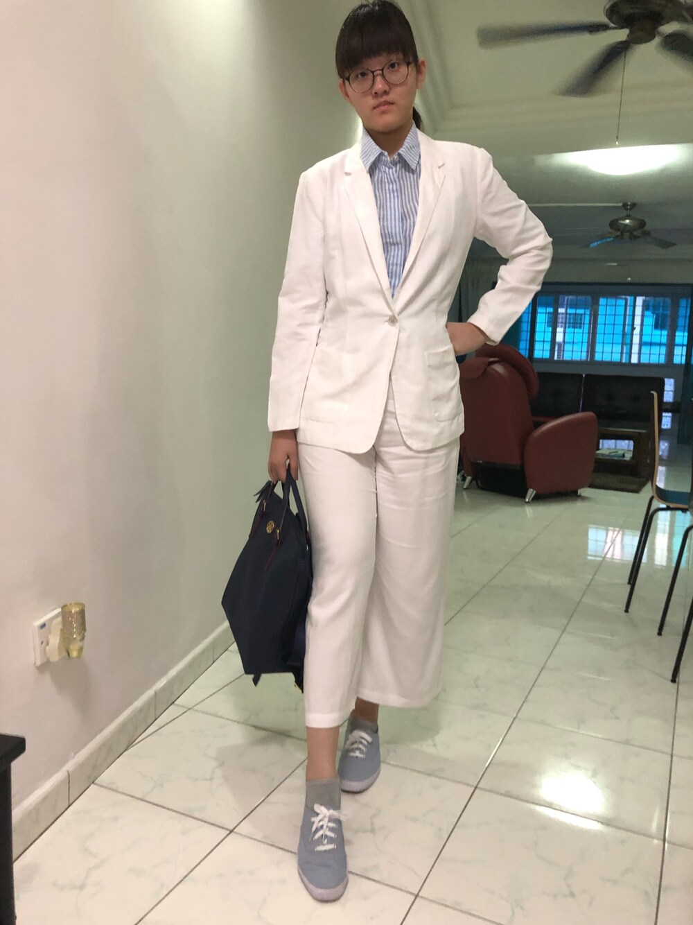「Monday Blue 、ootd、summer、white」｜「OLD NAVYのlinen blazer（その他アウター、ホワイト系）」を使った、nanaさん（レディース・170cm）の春コーディネートの1枚目の写真