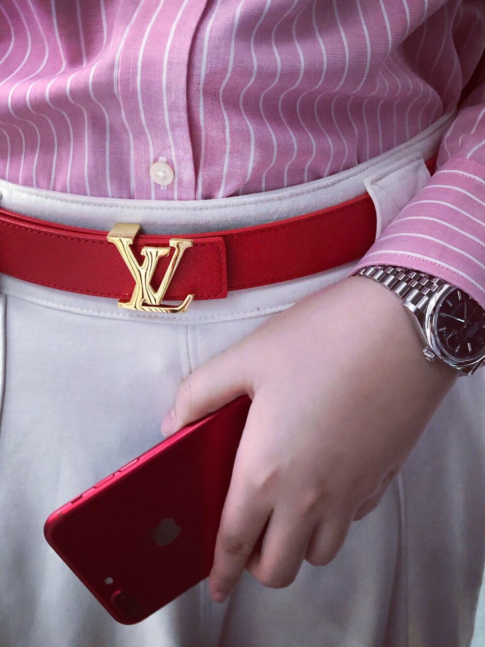 pink and red louis vuittons belt