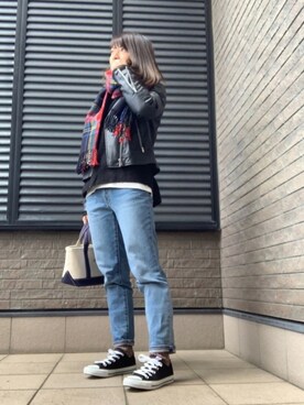 「ZOZO（ゾゾ）のスリムテーパードデニムパンツ［WOMEN］（デニムパンツ）」を使った、Rさん（レディース・153cm）の冬コーディネート