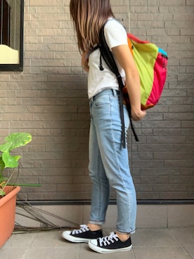 「ZOZO（ゾゾ）のスリムテーパードデニムパンツ［WOMEN］（デニムパンツ）」を使った、Rさん（レディース・153cm）の夏コーディネート