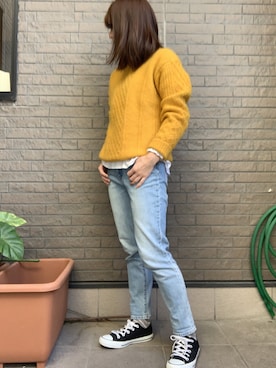 「ZOZO（ゾゾ）のスリムテーパードデニムパンツ［WOMEN］（デニムパンツ）」を使った、Rさん（レディース・153cm）の冬コーディネート