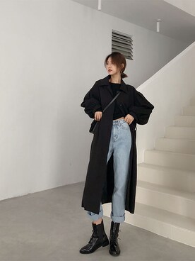 「春の服新品ゆったり帯中長型の風衣ロングコート（トレンチコート、ブラック系）」を使った、Ernaia♡さん（レディース・160cm）の春コーディネート