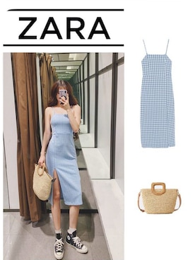 「ZARA（ザラ）のZara プリント柄ワンピース（スカート、ブルー系）」を使った、Ernaia♡さん（レディース・160cm）の春コーディネート