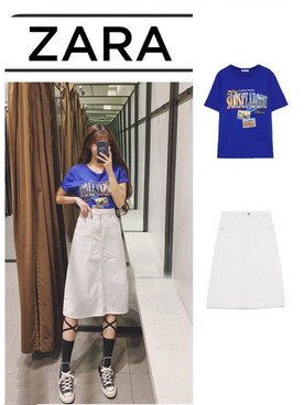 「ZARA（ザラ）のZARA フロントプリントTシャツ（Tシャツ/カットソー、ブルー系）」を使った、Ernaia♡さん（レディース・160cm）の春コーディネート