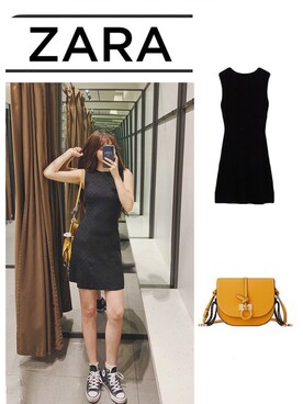 「ZARA（ザラ）のZARA ビジューボタン付きテクスチャー入り生地ワンピース（スカート、ブラック系）」を使った、Ernaia♡さん（レディース・160cm）の春コーディネート