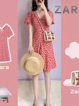 「ZARA（ザラ）のZARA 半袖Vネックワンピース、Aラインシルエット（スカート、ピンク系）」を使った、Ernaia♡さん（レディース・160cm）の春コーディネート