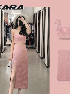 「ZARA ポルカドットトップ（キャミソール、ピンク系）」を使った、Ernaia♡さん（レディース・160cm）の春コーディネート