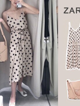 「ZARA（ザラ）のZARA ベルト付きポルカドットドレス（スカート、ベージュ系）」を使った、Ernaia♡さん（レディース・160cm）の春コーディネート