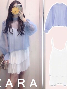 「ZARA（ザラ）のZARA 半光沢の詳細を備えたセミシェアトップ（カーディガン/ボレロ、パープル系）」を使った、Ernaia♡さん（レディース・160cm）の春コーディネート