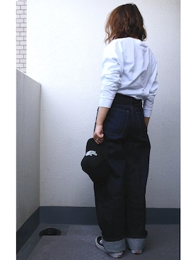 「UNIQLO（ユニクロ）のハイライズワイドストレートジーンズ（デニムパンツ）」を使った、junさん（レディース・156cm）の冬コーディネート