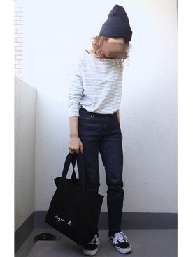 「zozoデニム」｜「アイテム（ニットキャップ/ビーニー）」を使った、junさん（レディース・156cm）の春コーディネート