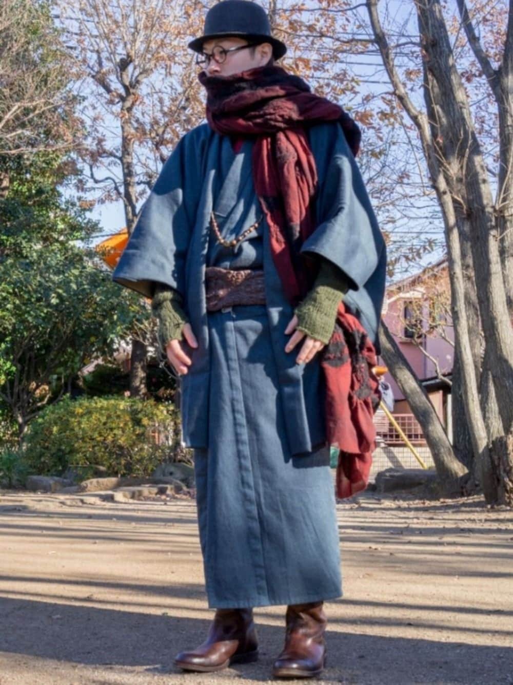 「着物、着物男子、和服」｜「藤木屋のアイテム（浴衣、ブルー系）」を使った、キドウラクさん（メンズ・170cm）の冬コーディネートの1枚目の写真