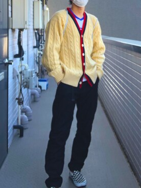 「POLO SPORTS（ポロスポーツ）のアイテム（カーディガン/ボレロ、ベージュ系）」を使った、ホリさん（メンズ・169cm）の冬コーディネート