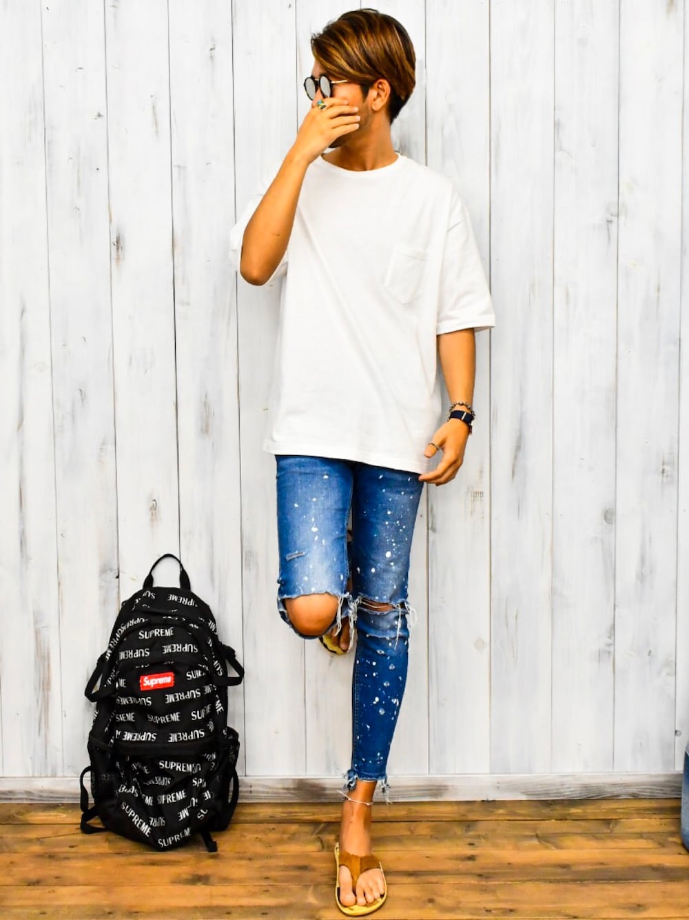 「youthfulsurf、ZARA、ISLAND SLIPPER、RonHerman、Chrome Hearts、RAYBAN、supreme、ユースフルサーフ、アイランドスリッパー、シュプリーム」｜「YouthFUL SURFのアイテム（Tシャツ/カットソー、ホワイト系）」を使った、Ryu829さん（メンズ・176cm）の夏コーディネートの1枚目の写真