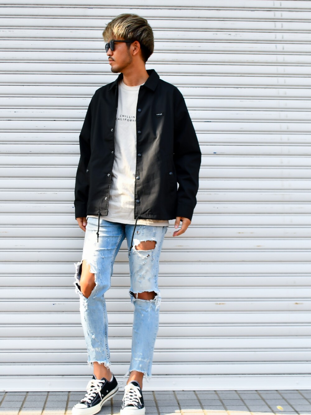 「youthfulsurf、ZARA、converse、Chuck Taylor、ユースフルサーフ、ザラ、コンバース、チャックテイラー、コーチジャケット」｜「YouthFUL SURFのアイテム（ブルゾン、ブラック系）」を使った、Ryu829さん（メンズ・176cm）の秋コーディネートの1枚目の写真