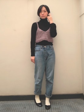 「mystic（ミスティック）のテーパードデニムパンツ（デニムパンツ）」を使った、しいなさん（レディース・155cm）の冬コーディネート