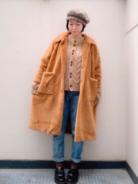 「ファーコート」｜「アイテム（ハンチング/ベレー帽）」を使った、しいなさん（レディース・155cm）の冬コーディネート