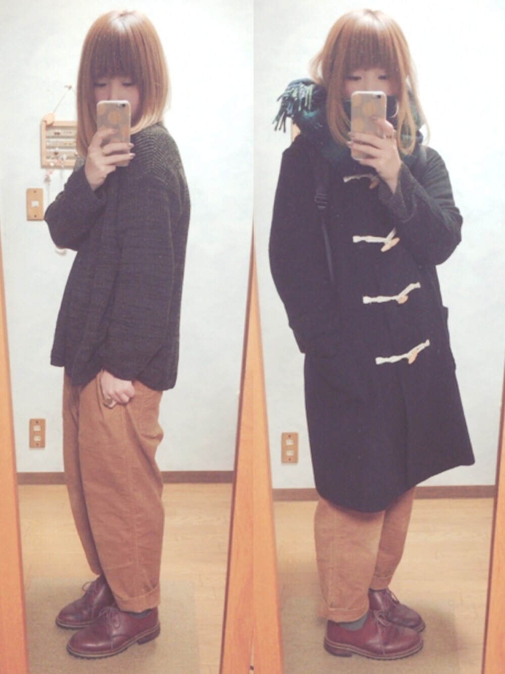 ブラック系のダッフルコート、オレンジ系のパンツ、グリーン系のニット/セーターを着用したレディースの冬コーディネートの1枚目の写真