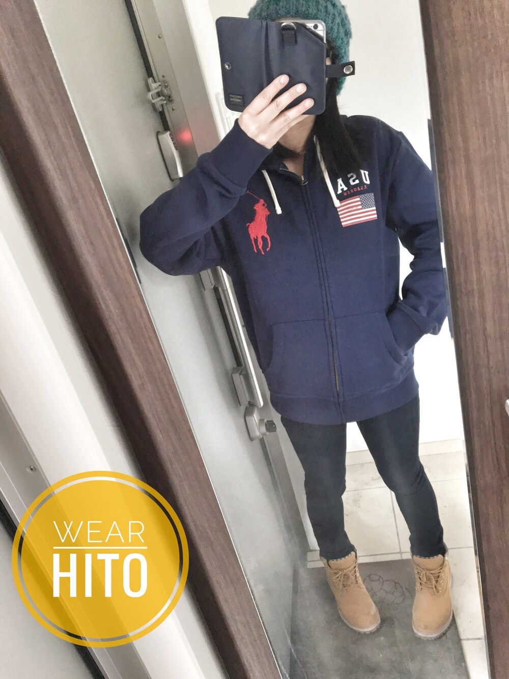 「ラルフローレン、ニット帽、ワークブーツ、スキニーデニム、カジュアル、パーカー、ボーイズライク、オトナカジュアル、GU、PORTER」｜「POLO RALPH LAURENのアイテム（パーカー、ブルー系）」を使った、hitoさん（レディース・153cm）の春コーディネートの1枚目の写真