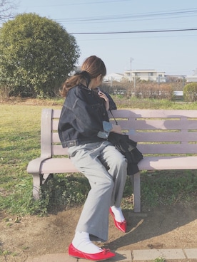 「GU（ジーユー）のアイテム（デニムジャケット、ブルー系）」を使った、あんこさん（レディース・157cm）の春コーディネート