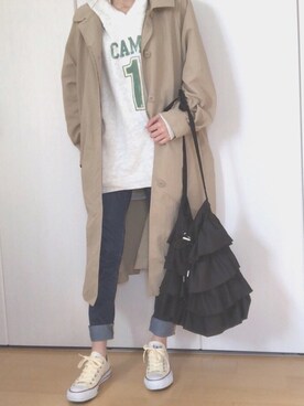 「GU（ジーユー）のアイテム（ステンカラーコート、ベージュ系）」を使った、あんこさん（レディース・157cm）の春コーディネート