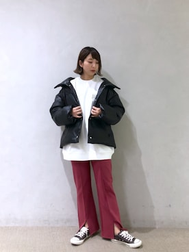 「センタープレスパンツ」｜「アイテム（ブルゾン）」を使った、marukaさん（レディース・159cm）の冬コーディネート